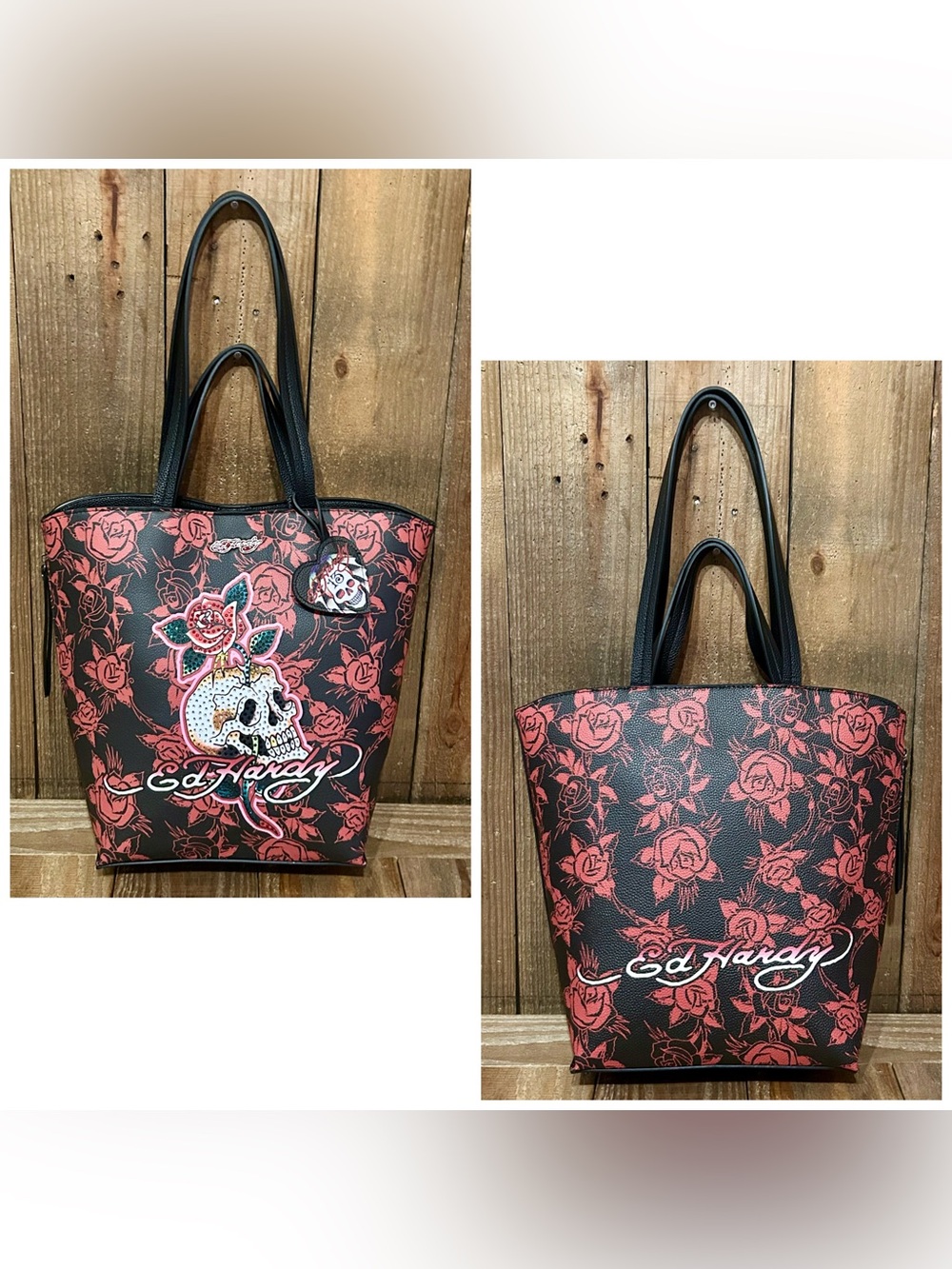 Ed Hardy. Skull and Roses Tote Bag with Free Bag Scarf & Dust Bag. - Picture 3 of 16